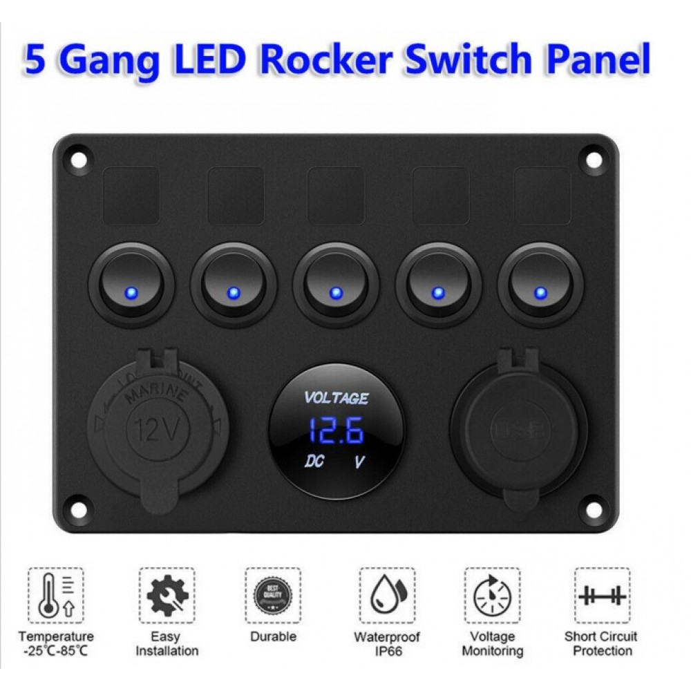5 Gang Auto 12V/24V Schaltpanel Schalter Kippschalter Mit LED Voltmeter USB DECC 