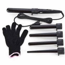 Lockenstab Lockenwickler Curler mit 5 verschiedenen Aufsätzen 9-32mm, Lockenstab Set mit Wärmeisolierung Handschuhe