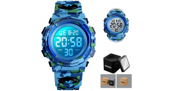 Kinder Digitaluhr, Digital Sport 50m wasserdichte LED-Uhren Wecker  Leuchtende Armbanduhr